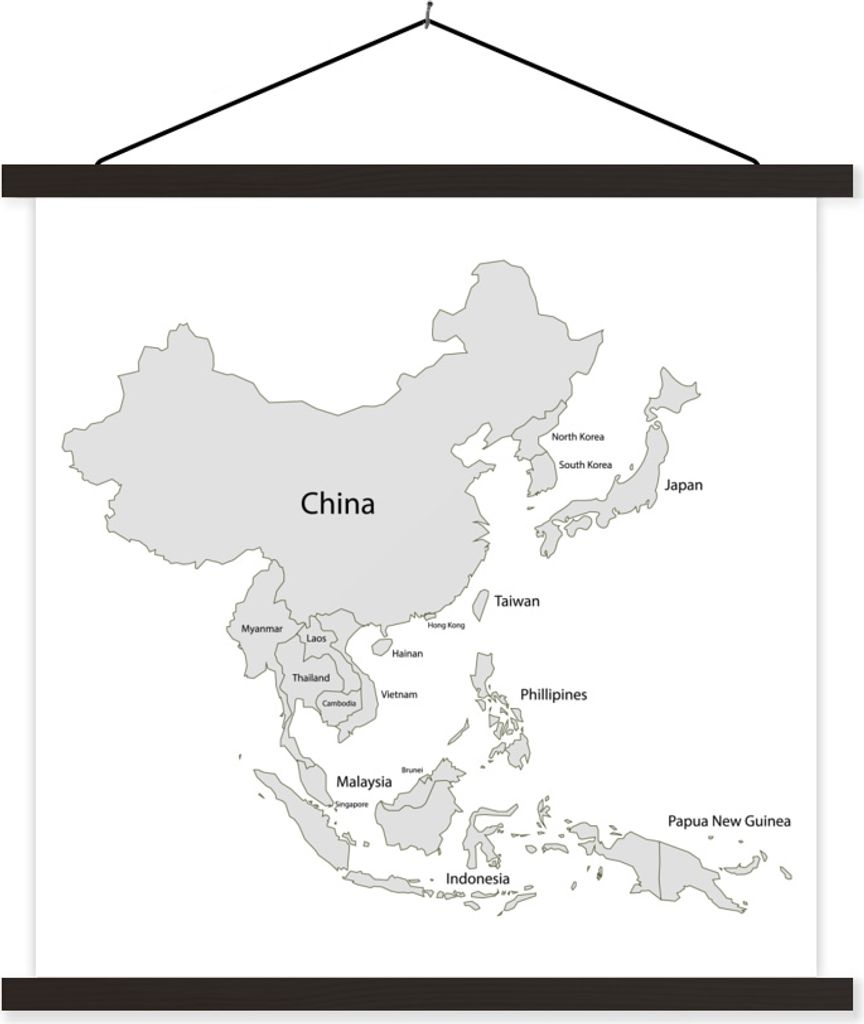 MuchoWow Textilposter Karte von Asien mit Ländernamen 60x60 cm mit schwarzem Rahmen - Posteraufhänger