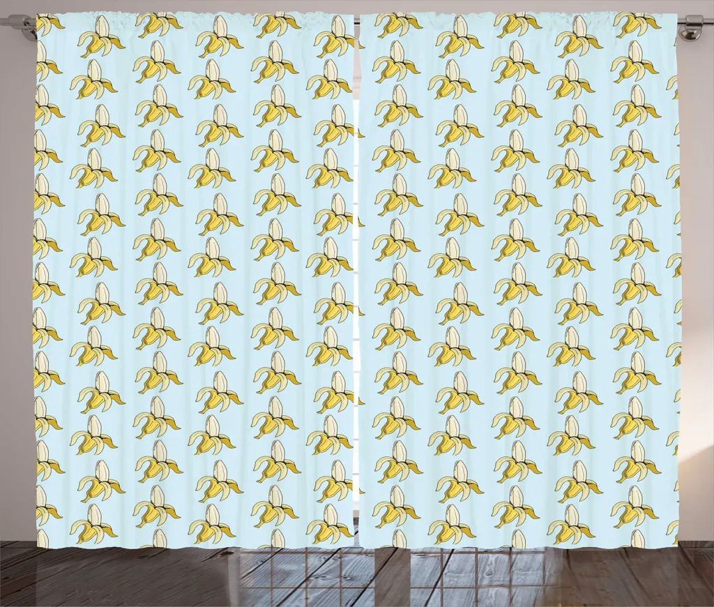Rideau pour Grand Salon Motif Bananes Pastel 280x225 cm Bleu et Jaune