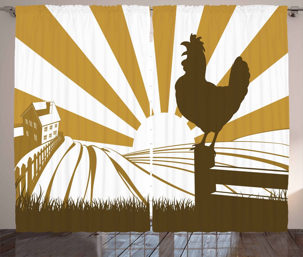 ABAKUHAUS Hahn Rustikaler Gardine, Morgen in der Farm, Schlafzimmer Kräuselband Vorhang mit Schlaufen und Haken, 280 x 175 cm, Sepia Pale Kaffee