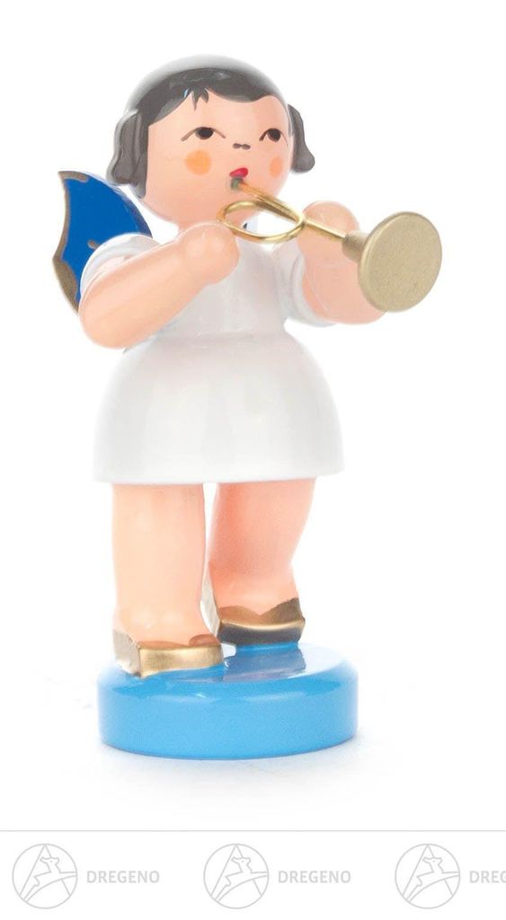 Engel mit Trompete - Blaue Flügel - stehend (6cm) von Kunstgewerbe Uhlig