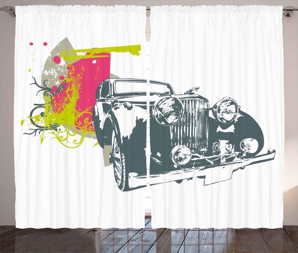 ABAKUHAUS Jahrgang Rustikaler Vorhang, Retro Pop Classic Car, Wohnzimmer Universalband Gardinen mit Schlaufen und Haken, 280 x 245 cm, Lindgrün Bl...