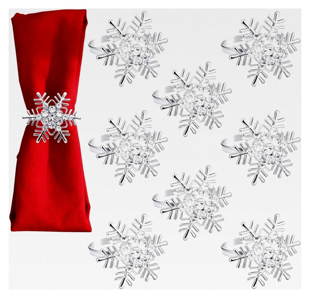 8 Stück Serviettenringe Weihnachten Silber Schneeflocke für Winterdekoration Tisch Hochzeit Urlaub Abendessen