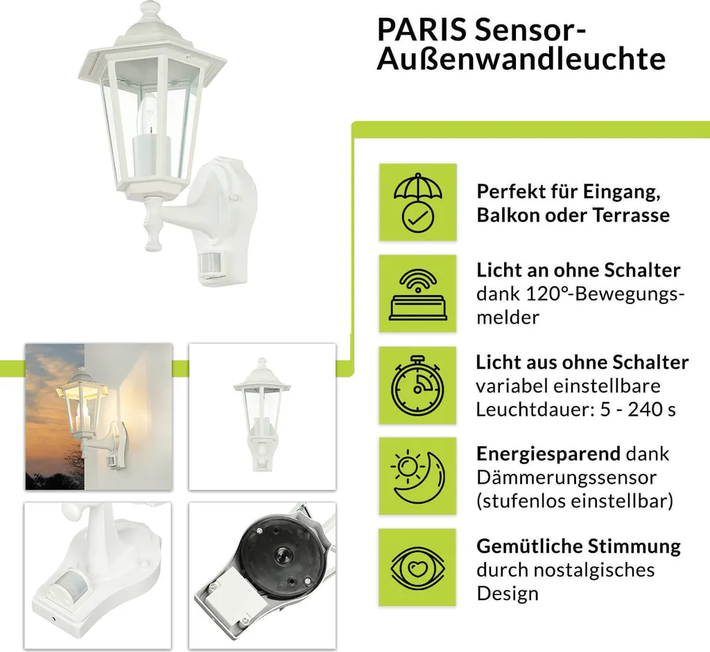 Applique d'extérieur Paris blanche et or avec détecteur mouvement E27 - 2