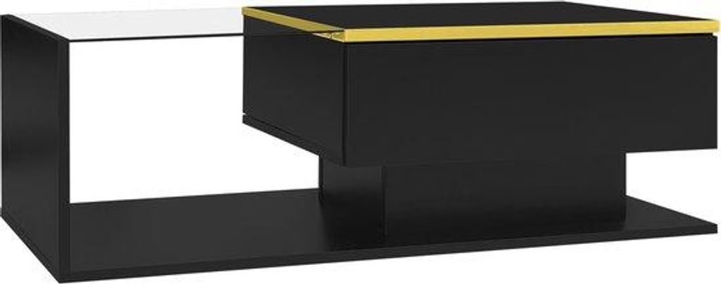 Klassieke salontafel, 100 cm lang, hoogglans zwart, glas en led-effect.