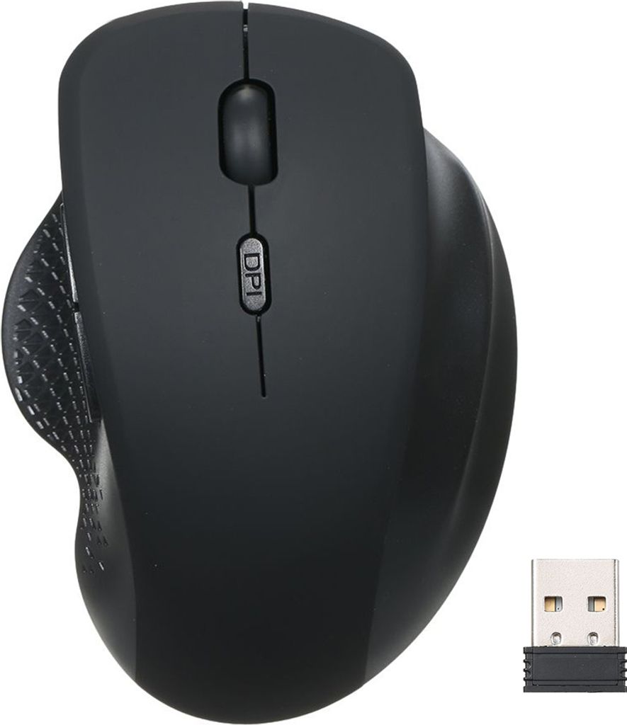 A black wireless vertical mouse and its USB receiver are shown against a white background.
