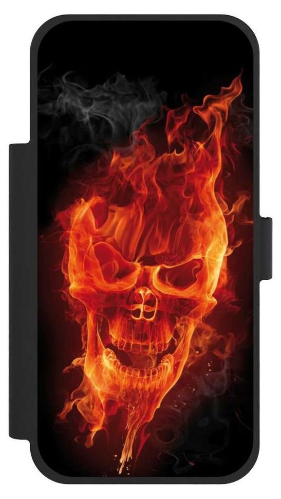 NIVOCASE Klapphülle für Apple iPhone 17 Pro Max Handyhülle aus Kunst Leder NIVOflip schwarz Feuer Schädel Totenkopf