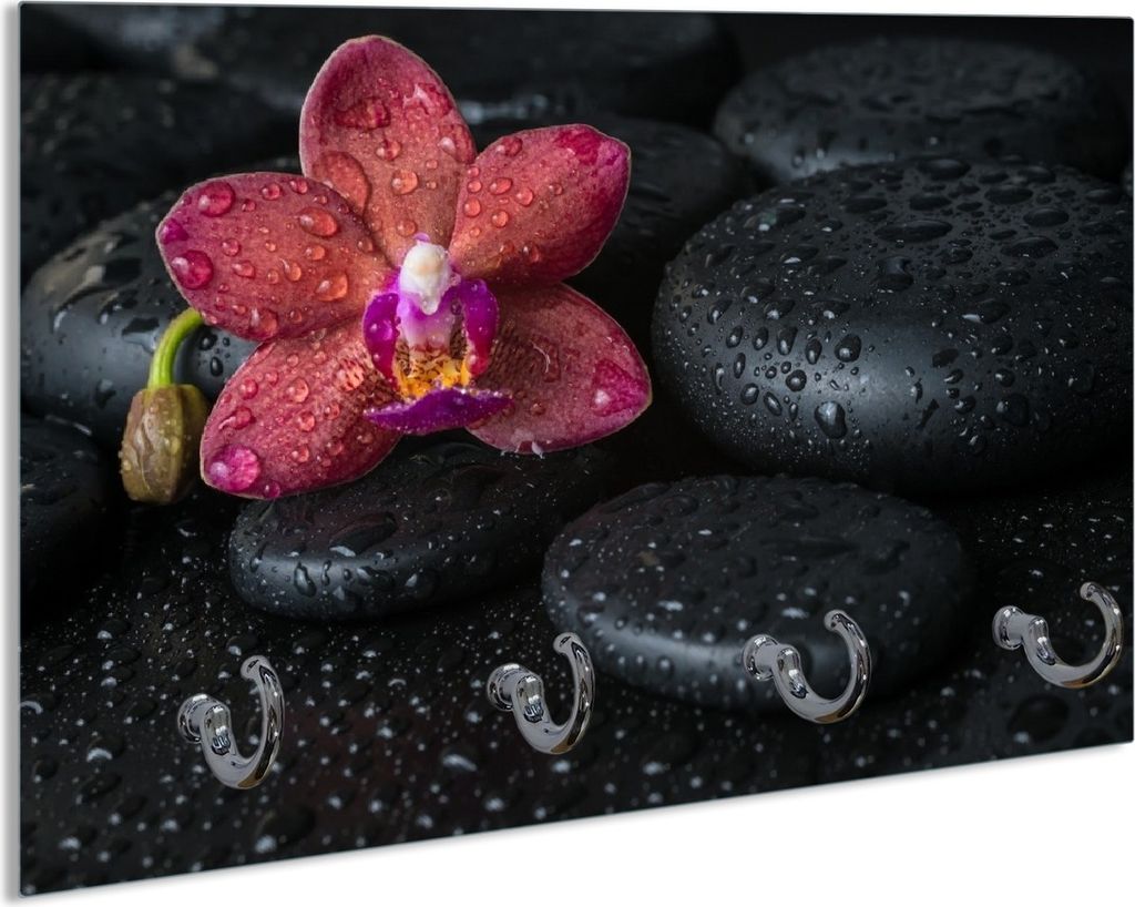Wallario Schlüsselbrett aus Glas, Motiv: Orchideen-Blüte auf schwarzen Steinen, benetzt mit Wasser-Tropfen, 30 x 20 cm mit 4 Haken