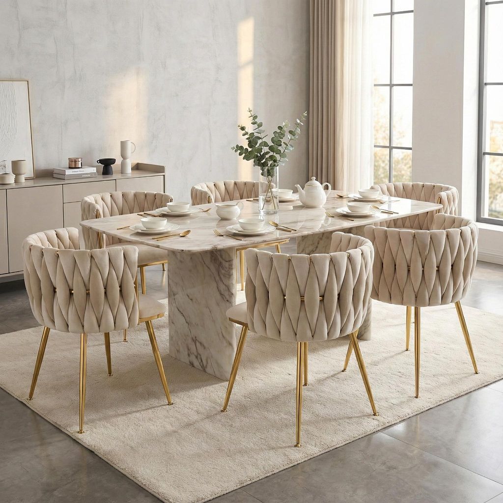 LVHOM Esszimmerstühle Samtbezug Wohnzimmerstuhl 6er Set Polstertuhl Geflochtener Stil, Esszimmer Stuhl, Goldene Metallrahmen, Ivory
