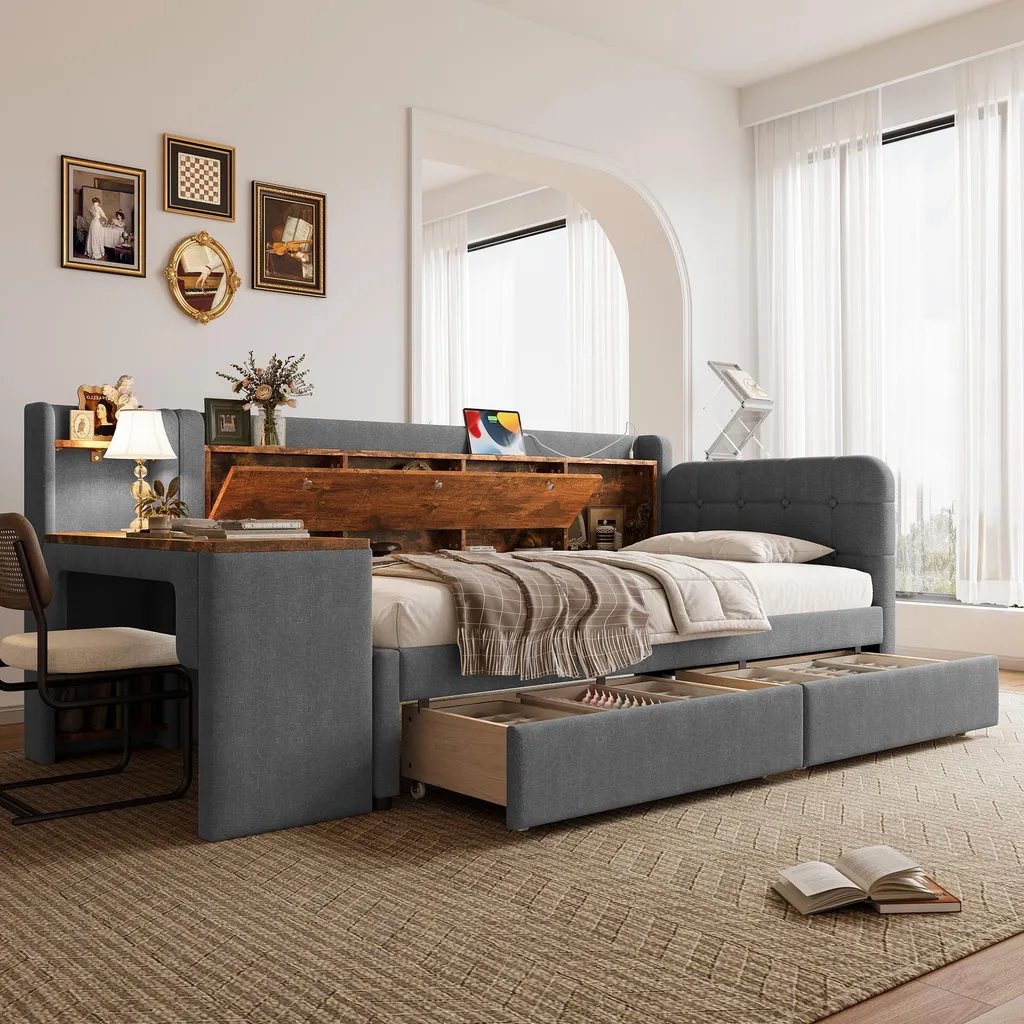 Lit de jour 90x200 gris avec bureau et tiroirs, USB Type C intégré
