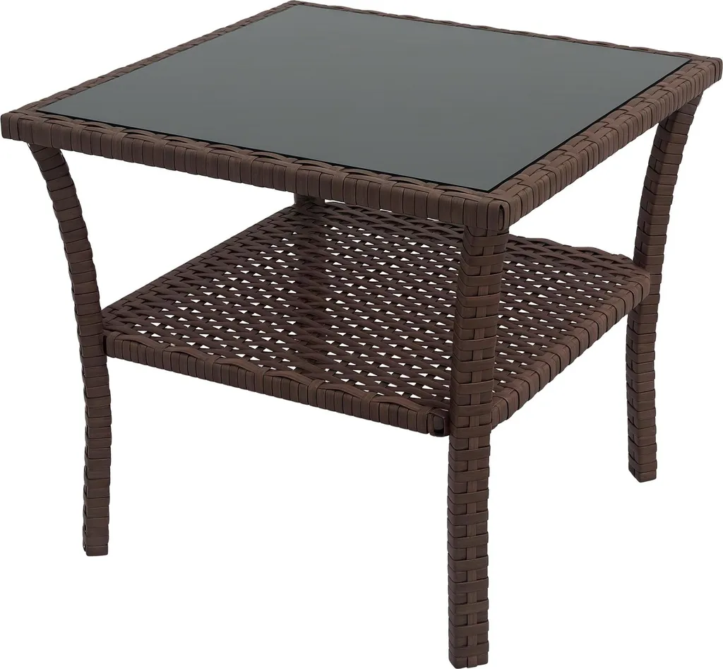 Table basse de jardin carrée en résine marron avec plateau verre trempé
