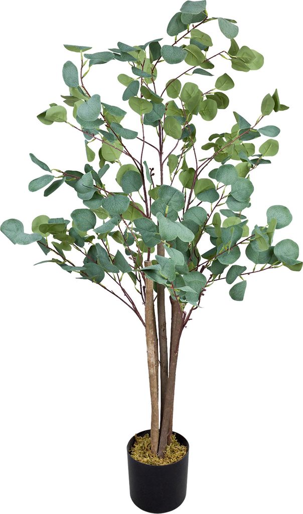 Decovego Künstlicher Eukalyptus, Kunstpflanze, Kunstbaum 120 cm, mit Echtholzstamm, für Wohn- & Büroräume, pflegeleicht & immergrün