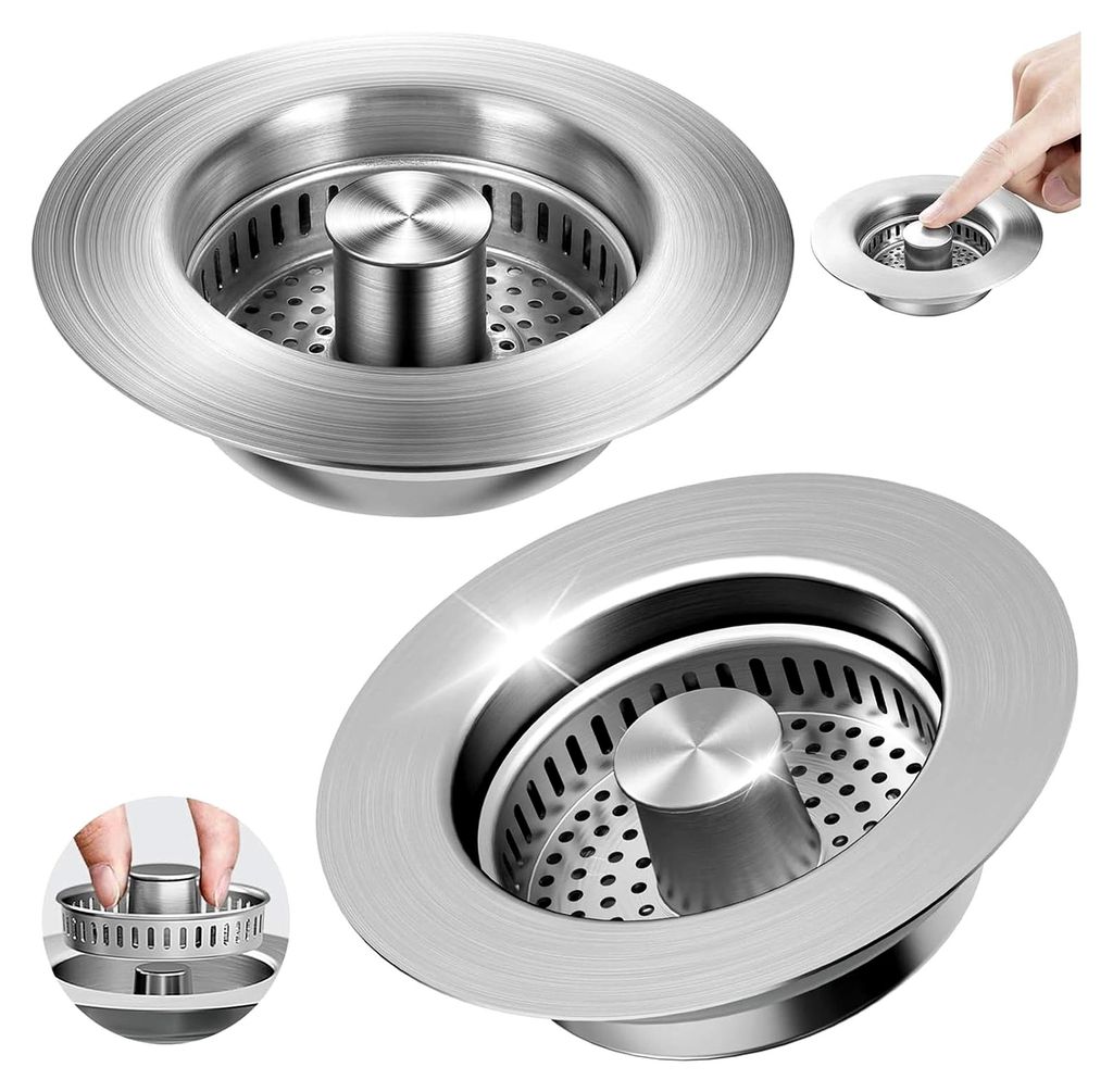 Abflusssieb für Küchenspüle, 2 Stück Edelstahl-Siebe mit Anti-Verstopfungs-Korb, Abflussstopfen für Spülbeckenöffnungen 76-81 mm, Tiefe > 40 mm