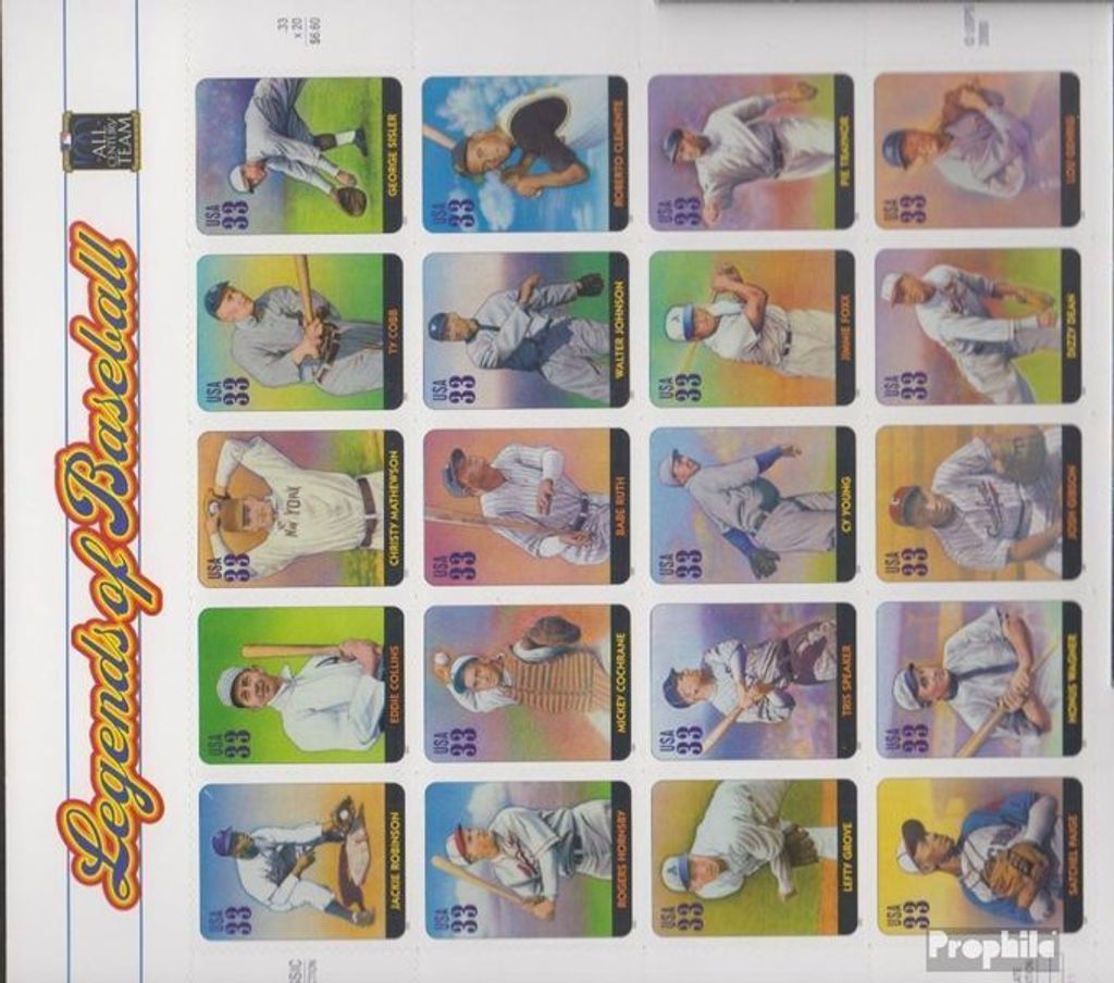 Briefmarken USA 2000 Mi 3337-3356 Folienblatt (kompl.Ausg.) postfrisch Baseballspieler