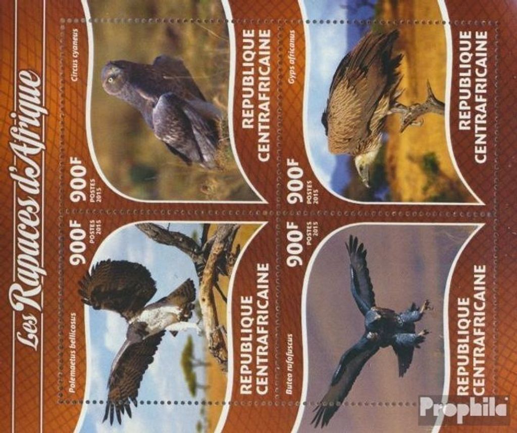 Briefmarken Zentralafrikanische Republik 2015 Mi 5430-5433 Kleinbogen (kompl. Ausgabe) postfrisch Raubvögel