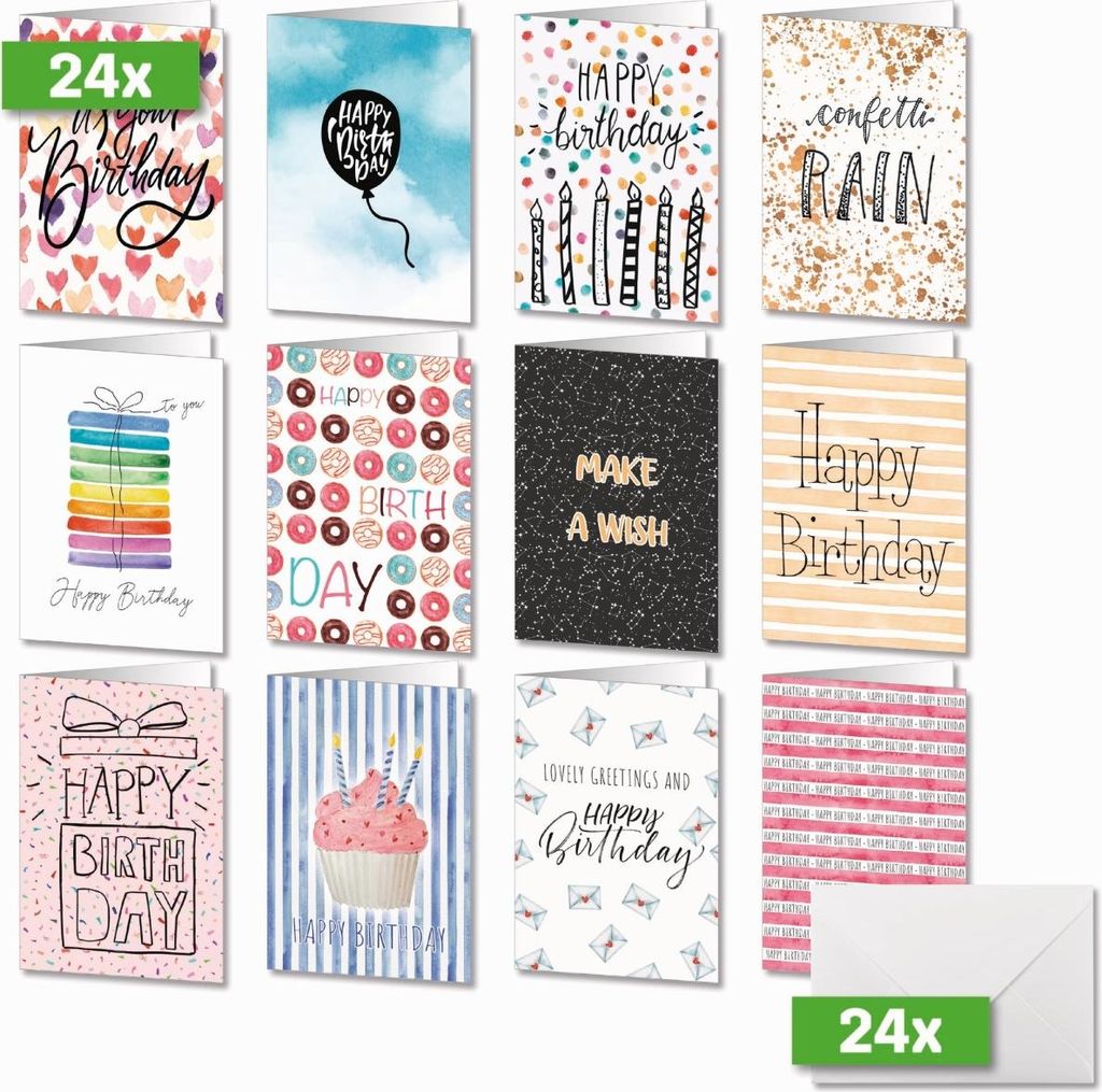 Geburtstags-Faltkarten-Set A6 (A5) Colourful Birthday Fun 250g 24+24 Stück Packung mit 10 Stück