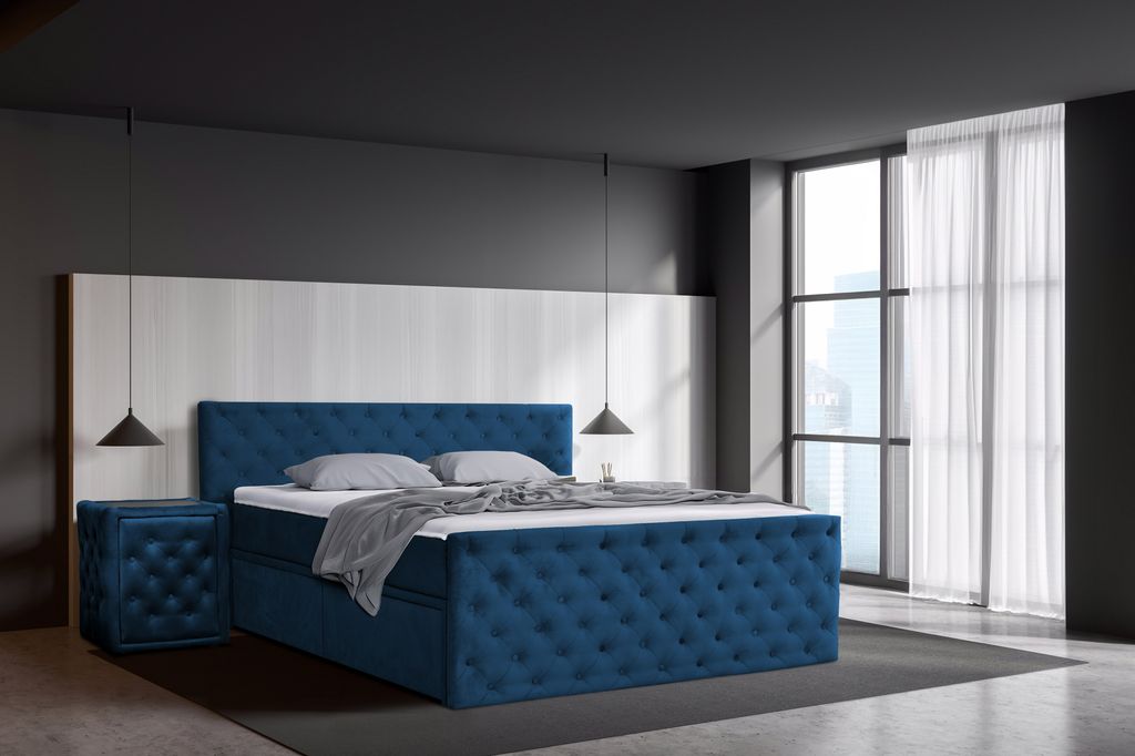 Boxspringbett 140 x 200 cm mit Bettkasten, Matratzen und Topper, Bonell-Matratzen H3, Blau Aosta