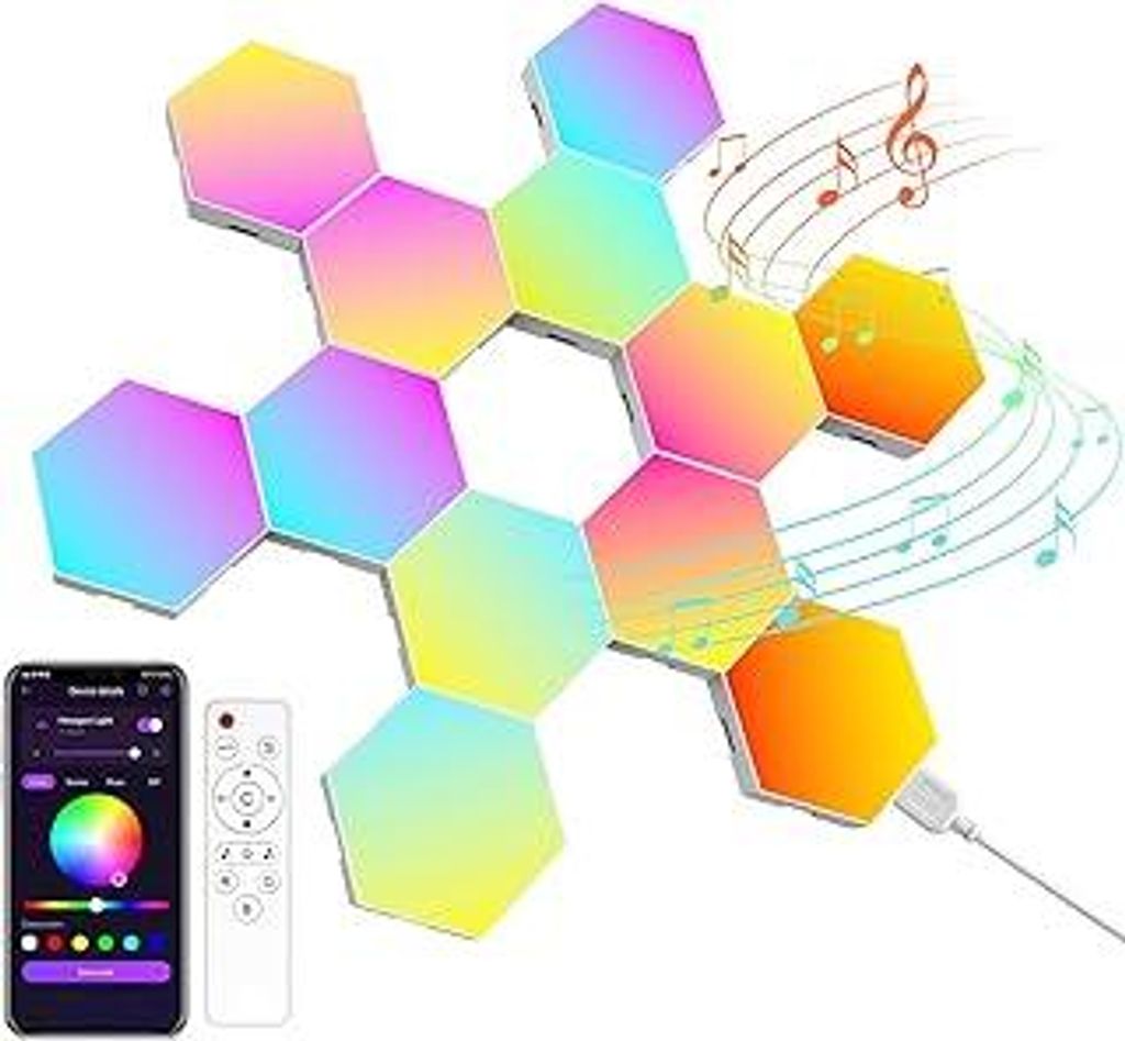Hexagon LED Gaming Wandleuchte 12pcs RGB Hexagon Panels – Playstation Lampe mit Musik Sync & App-Steuerung, Zimmer Deko, Deko Wohnzimmer & Deko S...