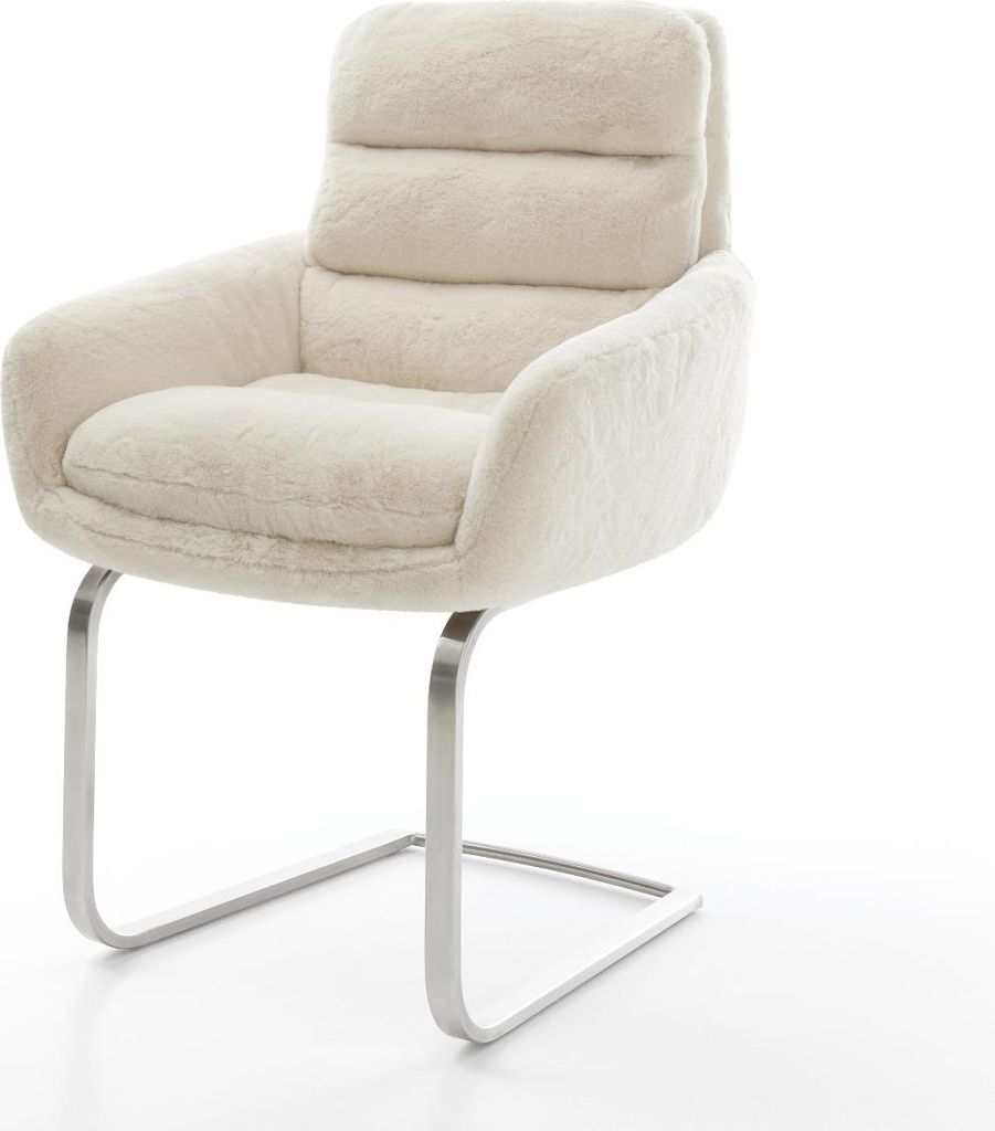 DELIFE Freischwinger Abelia-Flex mit Armlehnen Plüsch Creme-Weiß Freischwinger flach Edelstahl