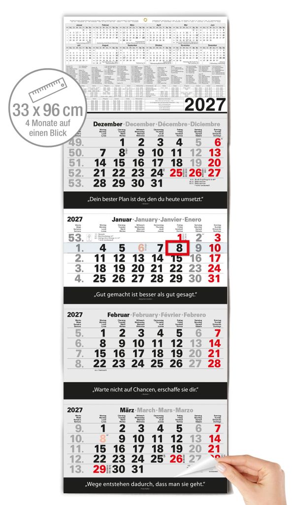 4 Monatskalender 2027 Block 33x96 cm Zitate Franklin Kafka Produktbild 