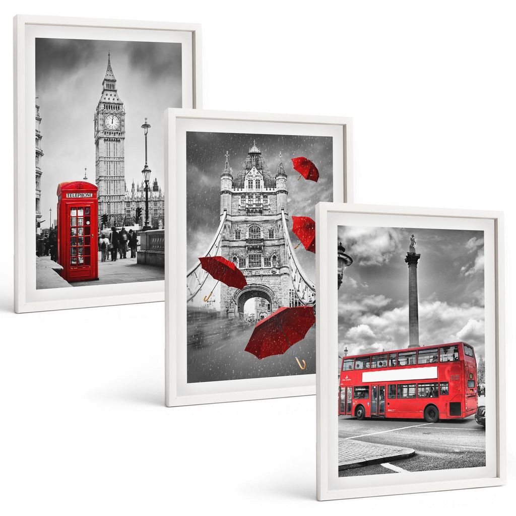 Bilder Set 3-teilig im weißen Rahmen – Wandbilder 3 Stück – gerahmte Poster für Wohnzimmer, Schlafzimmer und Flur – 40x60 cm – Roter Reg...