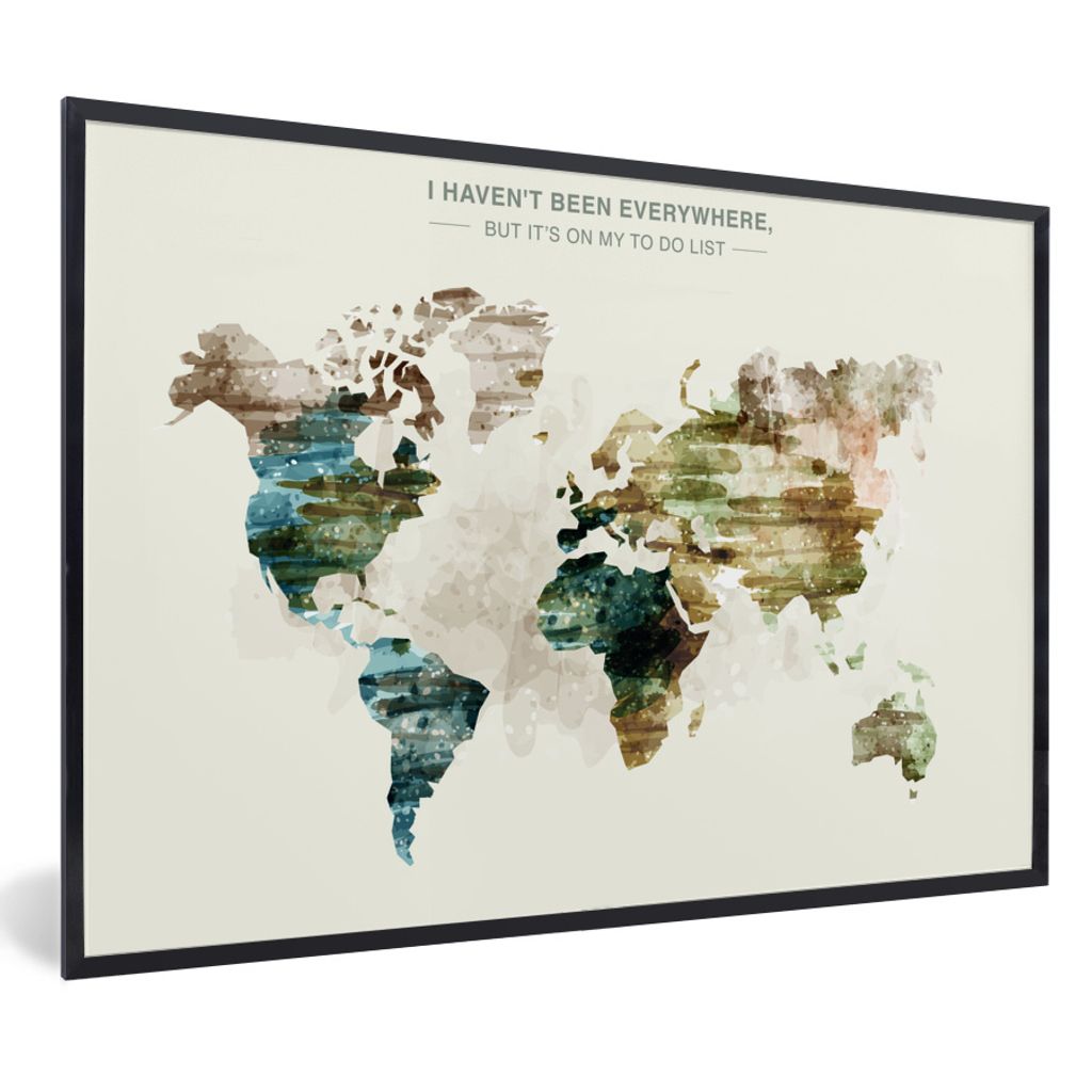 MuchoWow Gerahmtes Poster Weltkarte - Farbe - Vintage 90x60 cm - Poster mit Schwarzem Bilderrahmen Wandposter Rahmen Foto Bilder - Fotorahmen - F...