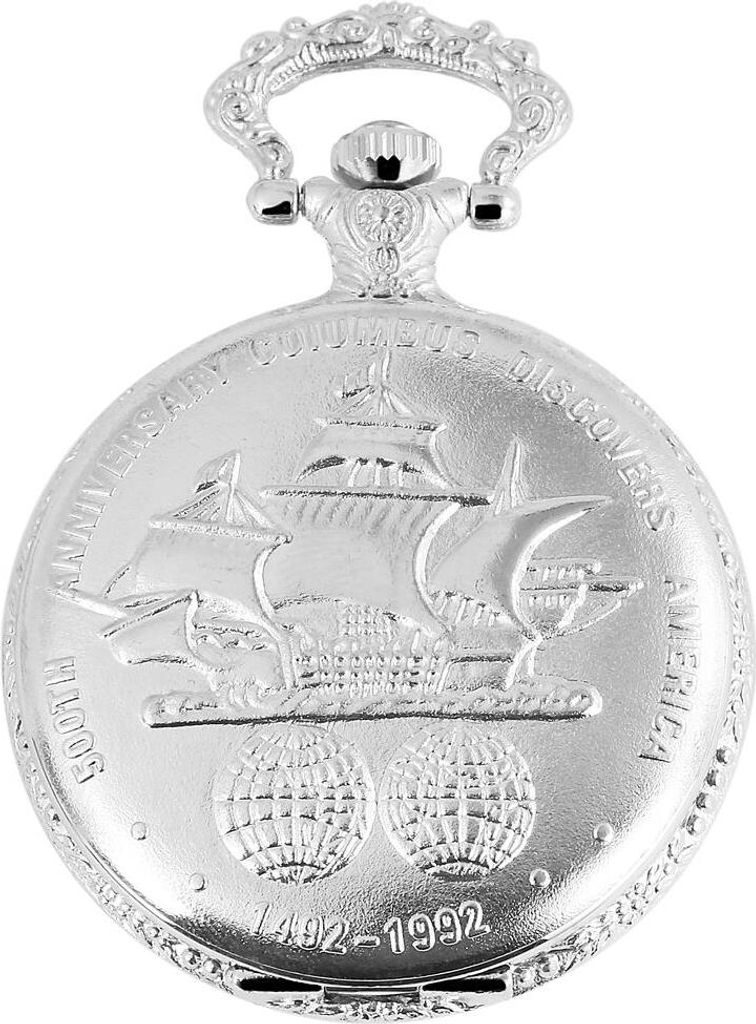 Taschenuhr Frackuhr Savonette Motiv Columbus silberfarben Analog Quartzwerk