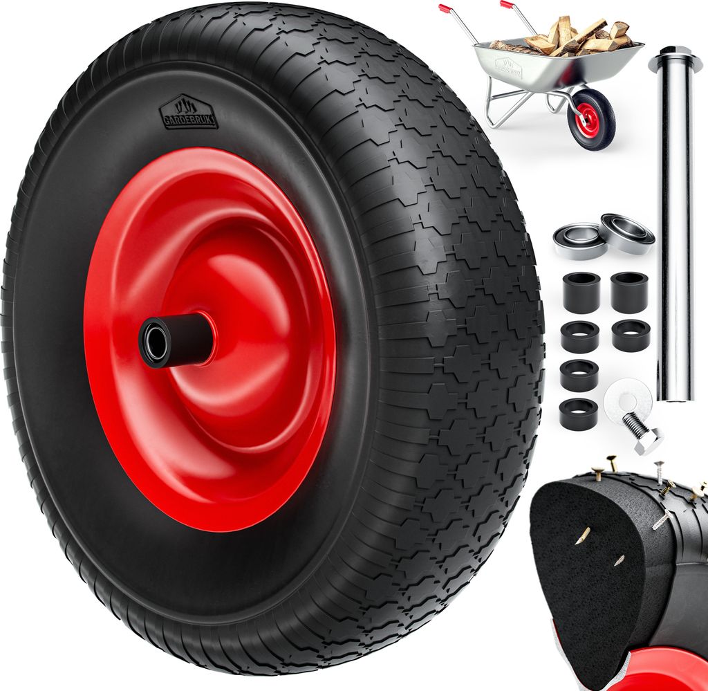 GARDEBRUK Schubkarrenrad PolyurethanVollgummi pannensicher 4.80/4.00-8 ?390mm Stahlfelge 200kg Achse Diamantprofil Reifen Vollgummireifen Ersatzrad...