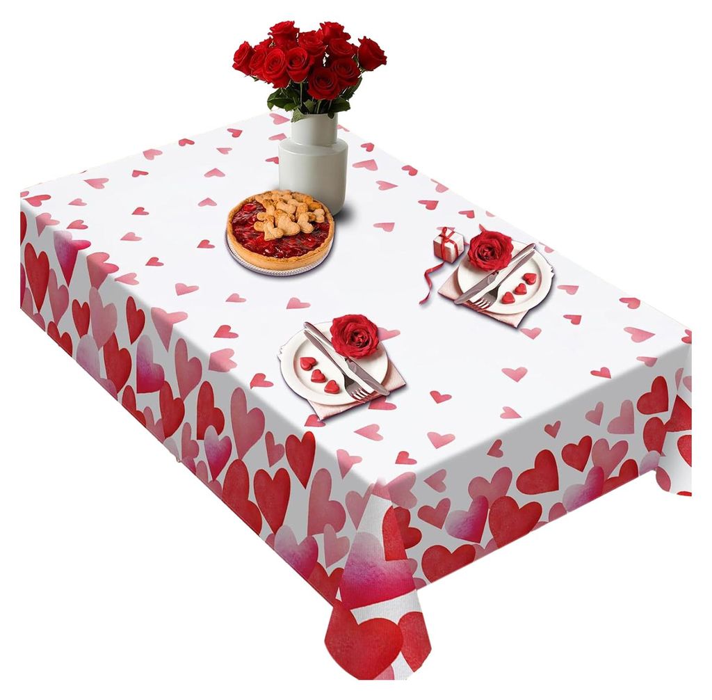 Valentinstag-Tischdecke mit Herzmotiv, rechteckig/quadratisch, romantische Tischdecke für Jahrestag, Hochzeit, Feier, Esstischdekoration XL