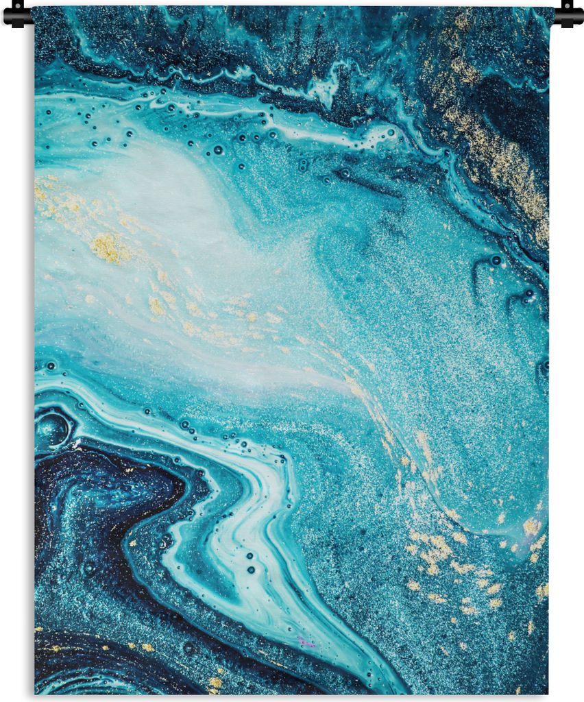 MuchoWow Wandteppich Wandbehang Marmoroptik - Blau - Gold - Luxe - Glitzer - Marmor 90x120 cm Tapisserie Dekoration Wandtuch - Wanddeko