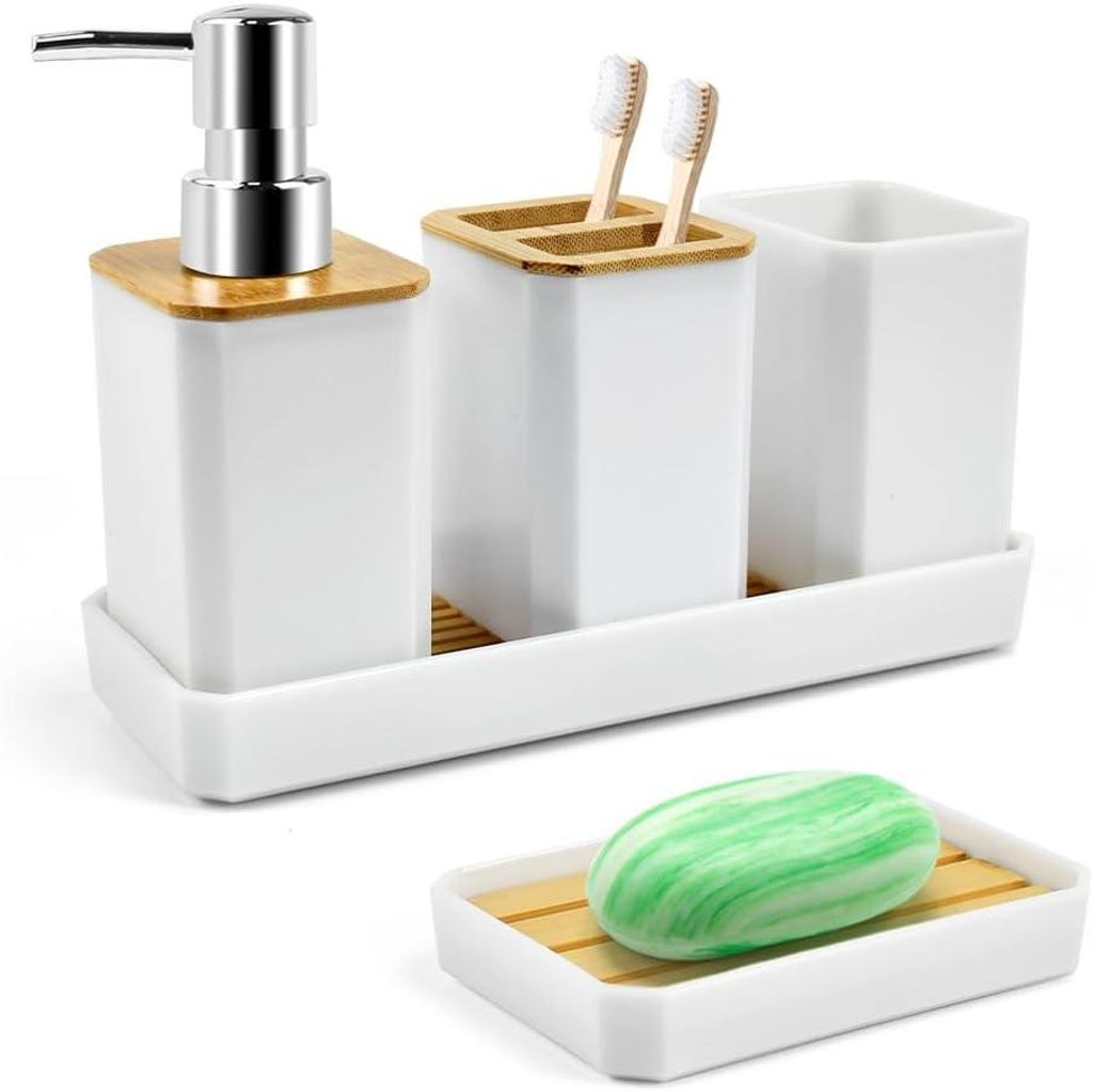 5-teiliges Bambus-Accessoire-Set: Lotion, Zahnbürste, Becher, Seifenschale, Tablett – weiß