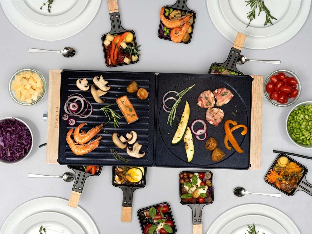 KLAMER Raclette 8 Personen, 1500W Raclette Grill mit Holzgestell, Raclette mit antihaftbeschichteter Grillplatte, Tischgrill elektrisch
