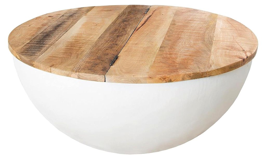 Couchtisch im Industrial-Stil aus massivem Holz mit klappbarer Tischplatte und Stauraum