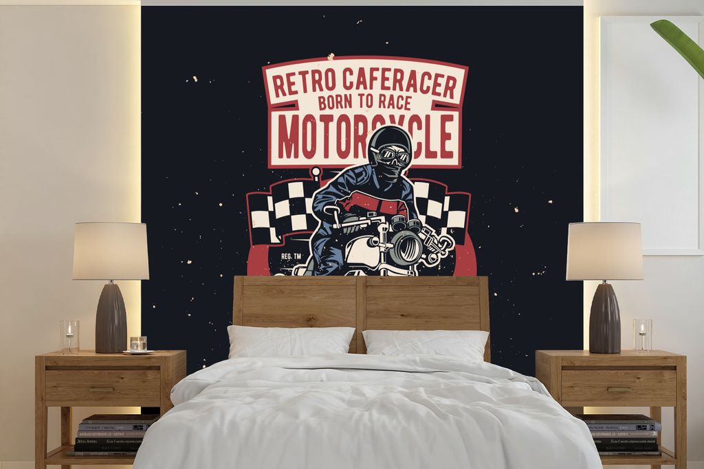 MuchoWow Fototapete für Wohnzimmer oder Schlafzimmer Wandtapete Vinyl Motivtapete Jahrgang - Motor - Flagge - 300x300 cm - Wanddekoration