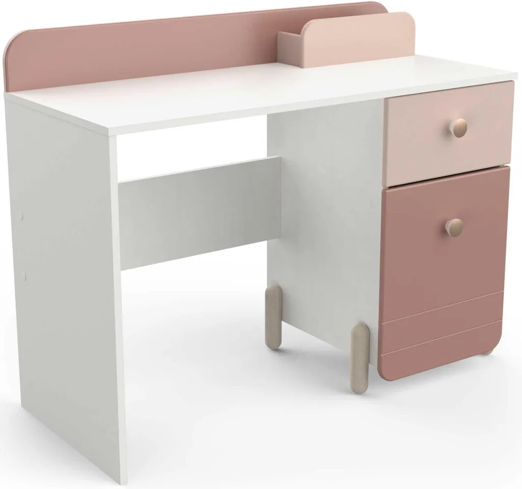 Bureau Janne rose mat : rangement organisé avec tiroir et porte battante