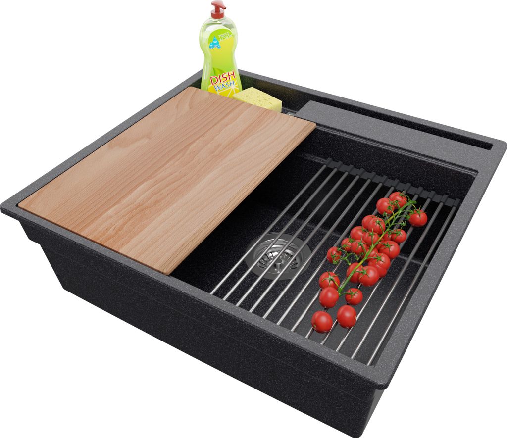 PRIMAGRAN Spülbecken Anthrazit 58x53cm, Granitspüle 1 Becken + Ablauf-Set + Küchenzubehörset, Küchenspüle ab 60er Unterschrank - Oslo Pocket