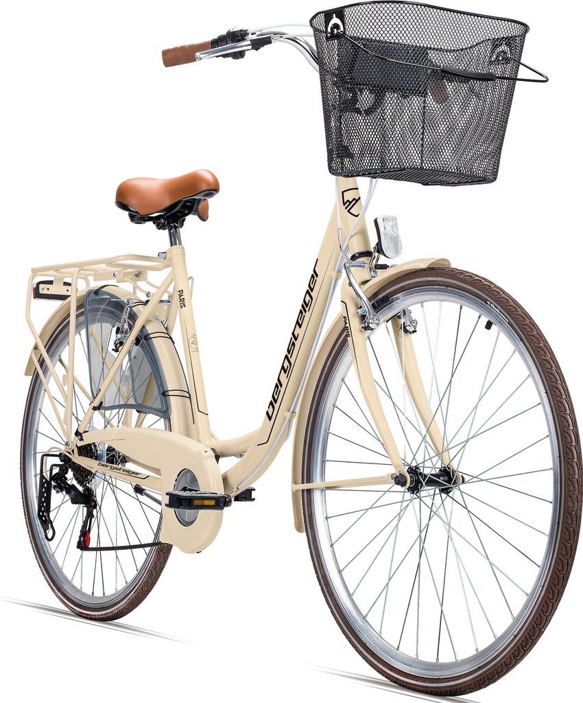Bergsteiger Paris 26 Zoll Damenfahrrad, ab 140 cm, Korb, Fahrrad-Licht, Shimano 6 Gang-Schaltung, Damen-Citybike, Damenrad im Retro-Design