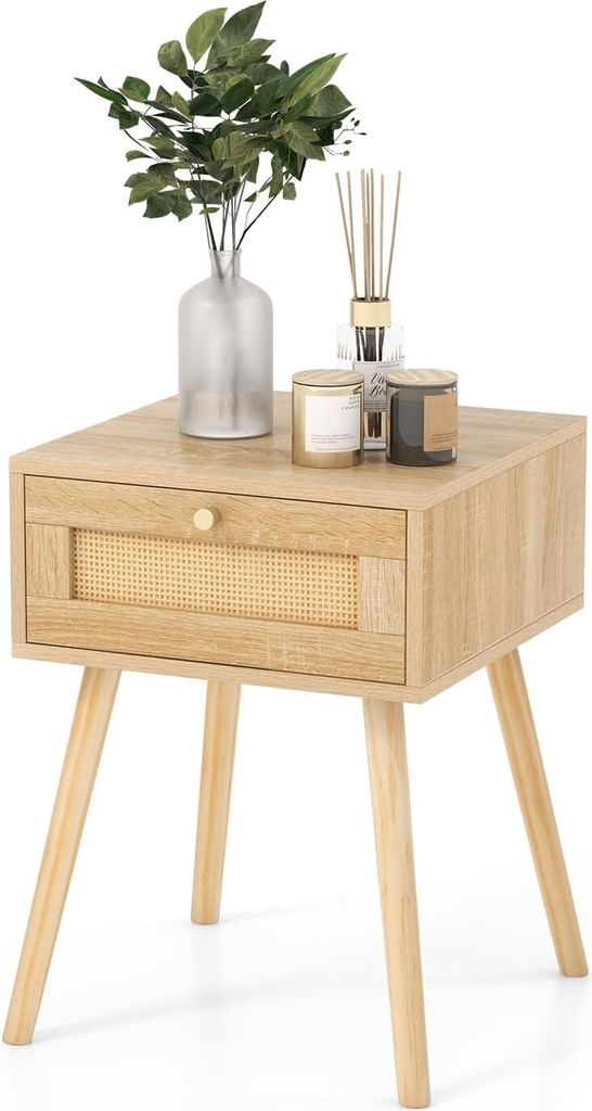 KOMFOTTEU Nachttisch mit Rattan-Schublade, Beistelltisch aus Holz, schmaler Beistelltisch mit Kiefernbeinen, Nachttisch für Schlafzimmer, Wohnzimm...
