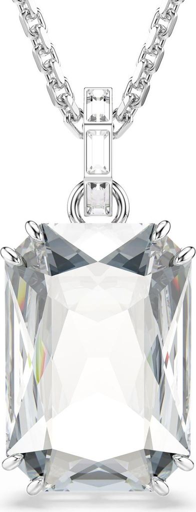 A close-up studio shot of a silver necklace with a large, clear octagonal-cut pendant.