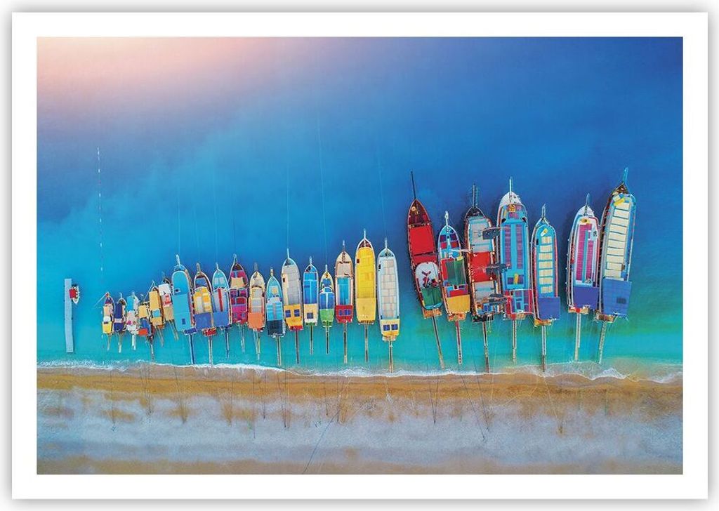 Poster - Poster ohne Rahmen - Schiffe Strand Perspektive - 100x70 cm - Wand Bild - Wanddeko - Wandbilder - Kunstposter - Wandposter - Bilder - Kuns...