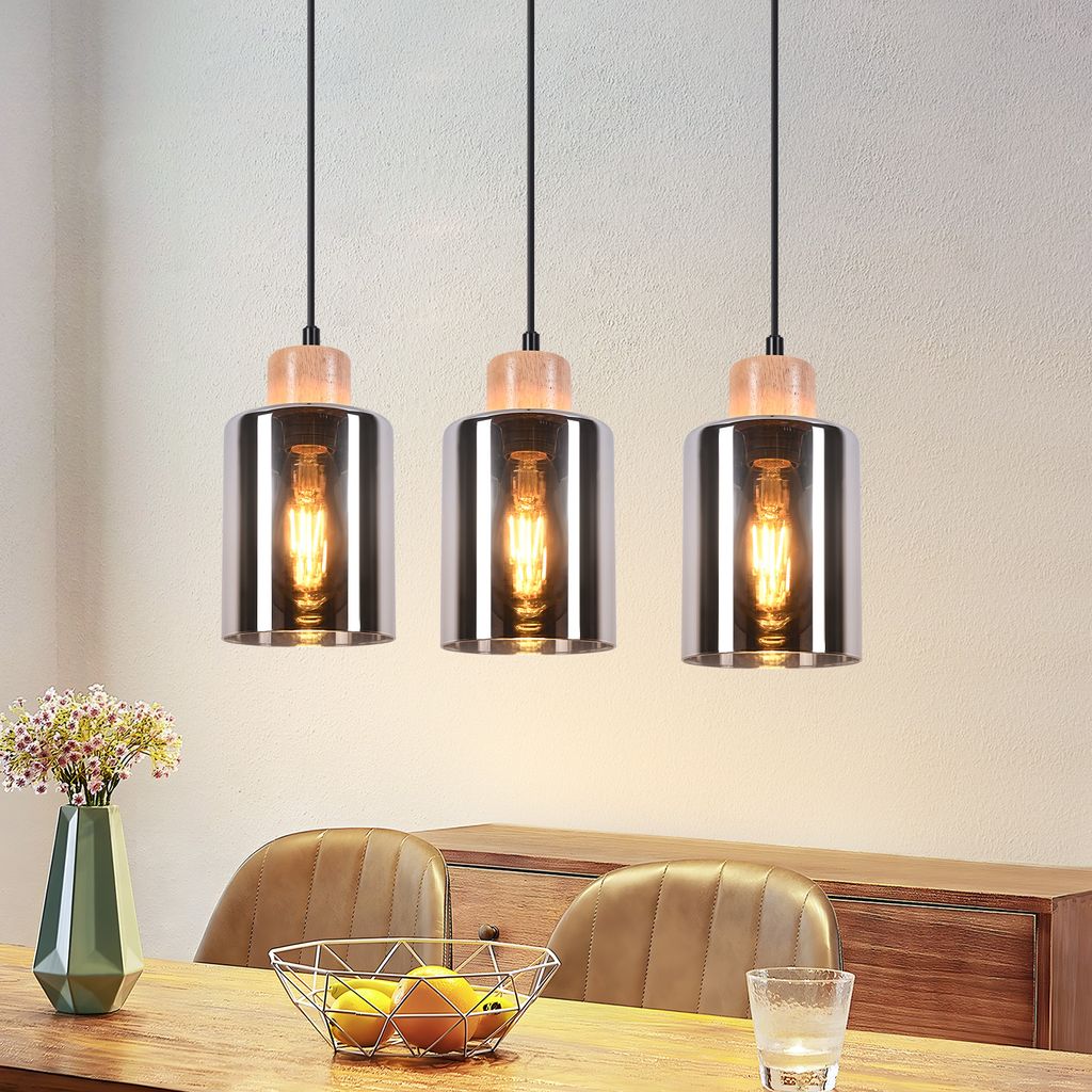 ZMH Pendellampe Holz Hängelampe 3 flammig Glas retroPendelleuchte hängend E27 Fassung Hängeleuchte Höhenverstellbar Esstischlampe Ohne Leuhctmi...