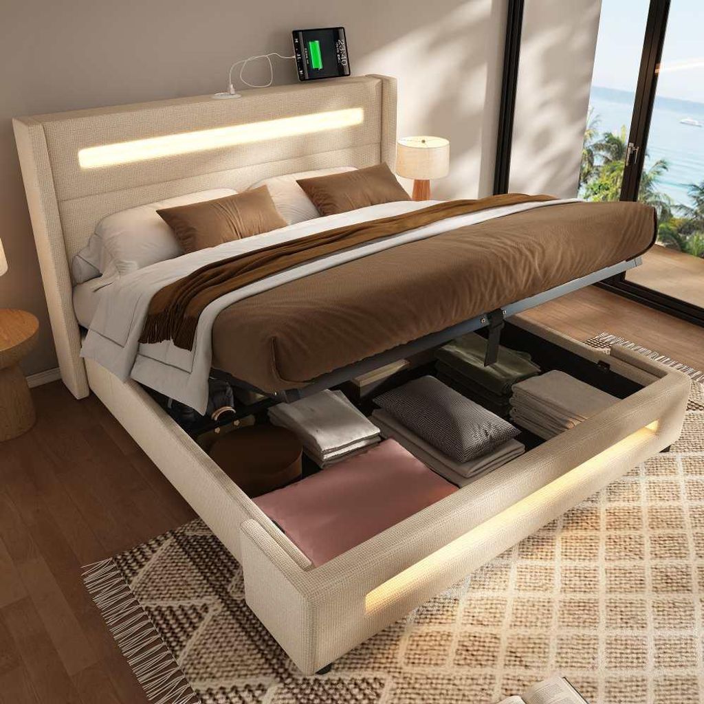 LED Jugendbett mit Stauraum & USB-C, hydraulischer Hebemechanismus, Metallrahmen & Holzleisten, Leinen, Beige - Einzelbett ohne Matratze 140x200 cm