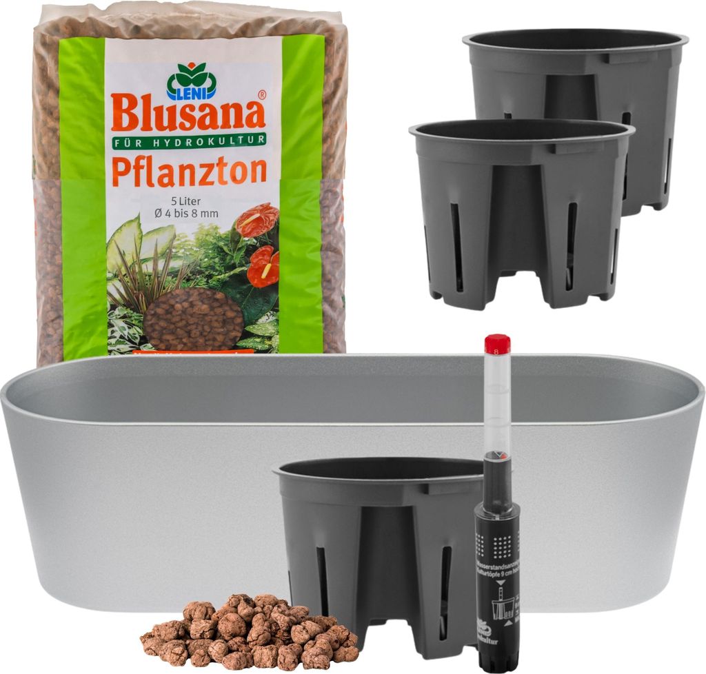 Leni Flori Jardiniere Blumentopf länglich 36 cm silber Hydrokultur-Komplett-Set mit Übertopf Hydro-Töpfen Wasserstandsanzeiger & Pflanzton