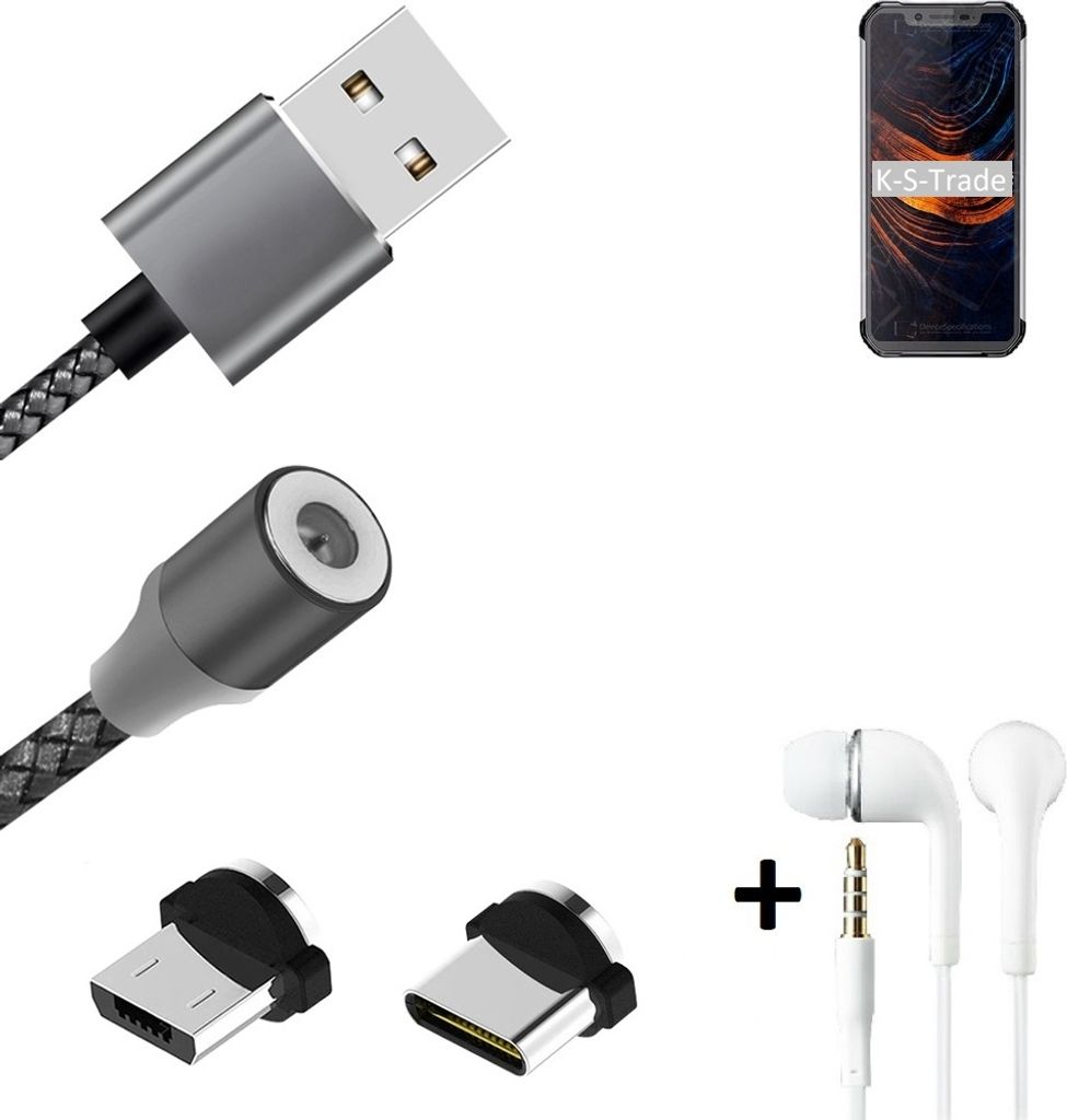 K-S-Trade Hochwertiges Magnet-Lade-kabel Sync-Kabel Daten-Kabel + Kopfhörer kompatibel mit Blackview BV9600 Pro mit USB-Typ-C-Anschluss und
