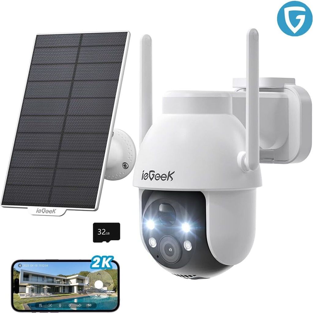 ieGeek 2K HD Überwachungskamera Aussen Solar, 360° PTZ Überwachungskamera Aussen Akku, 2.4GHz WLAN Kamera mit PIR Bewegungsmelder, mit 32GB SD K...