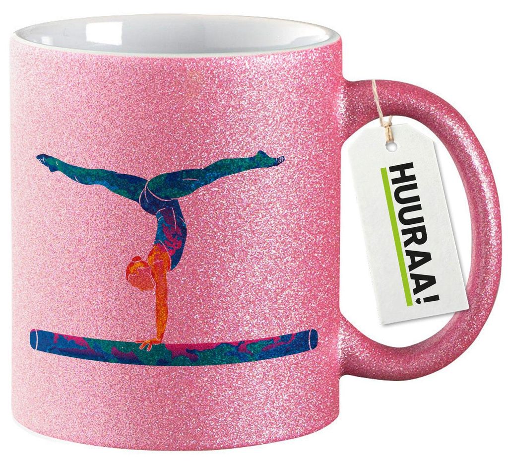 Huuraa Glitzertasse Gymnastik Schwebebalken 330ml Pink Keramik Kaffeebecher Geschenkidee