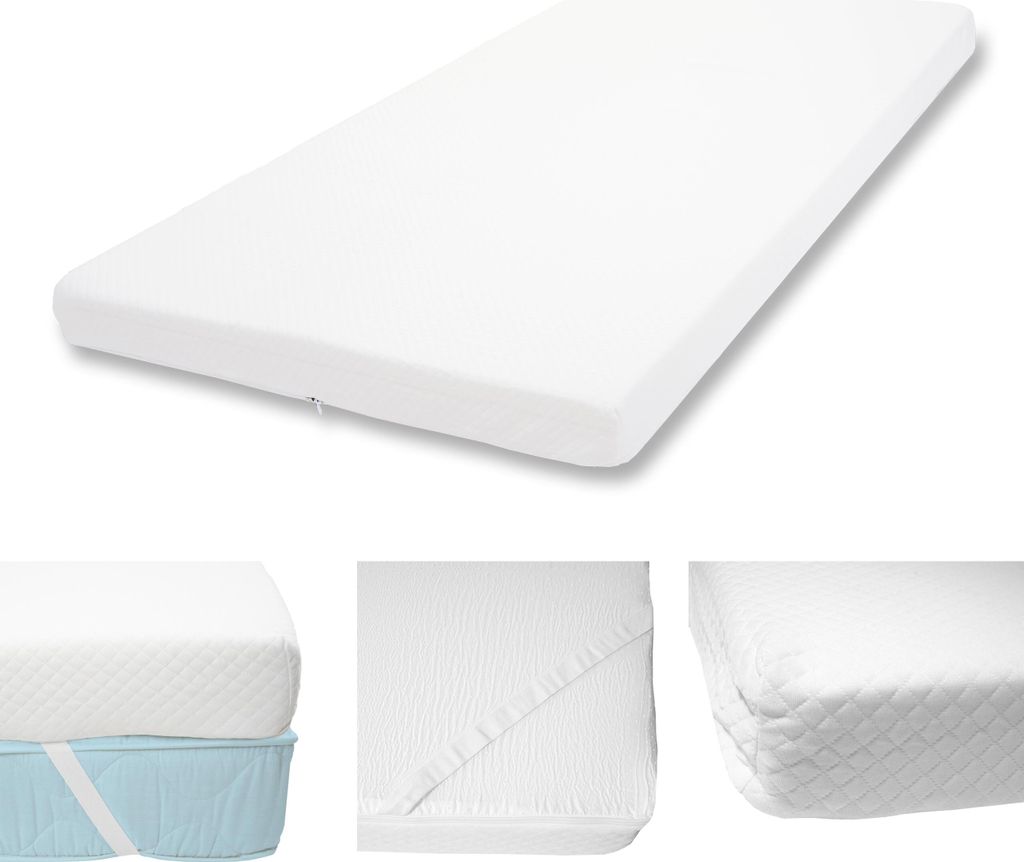 A collage of three images showing different mattress toppers and mattress protectors.