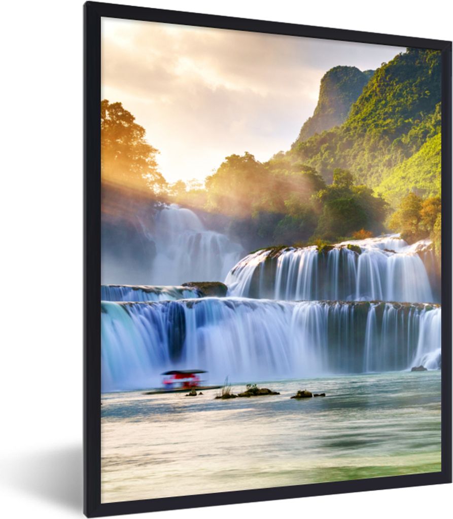 MuchoWow Gerahmtes Poster Wasserfall - Pflanzen - Sonne - Wasser - Natur 30x40 cm - Poster mit Schwarzem Bilderrahmen Wandposter Rahmen Foto Bild...