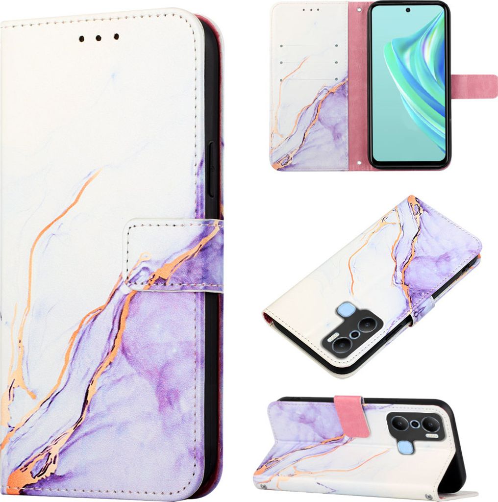 Infinix Hot 20 Play Hülle, Marmor Motiv Kunstleder Tasche Wallet Kartenfächer mit Standfunktion Klapp Schutzhülle für Infinix Hot 20 Play Lila