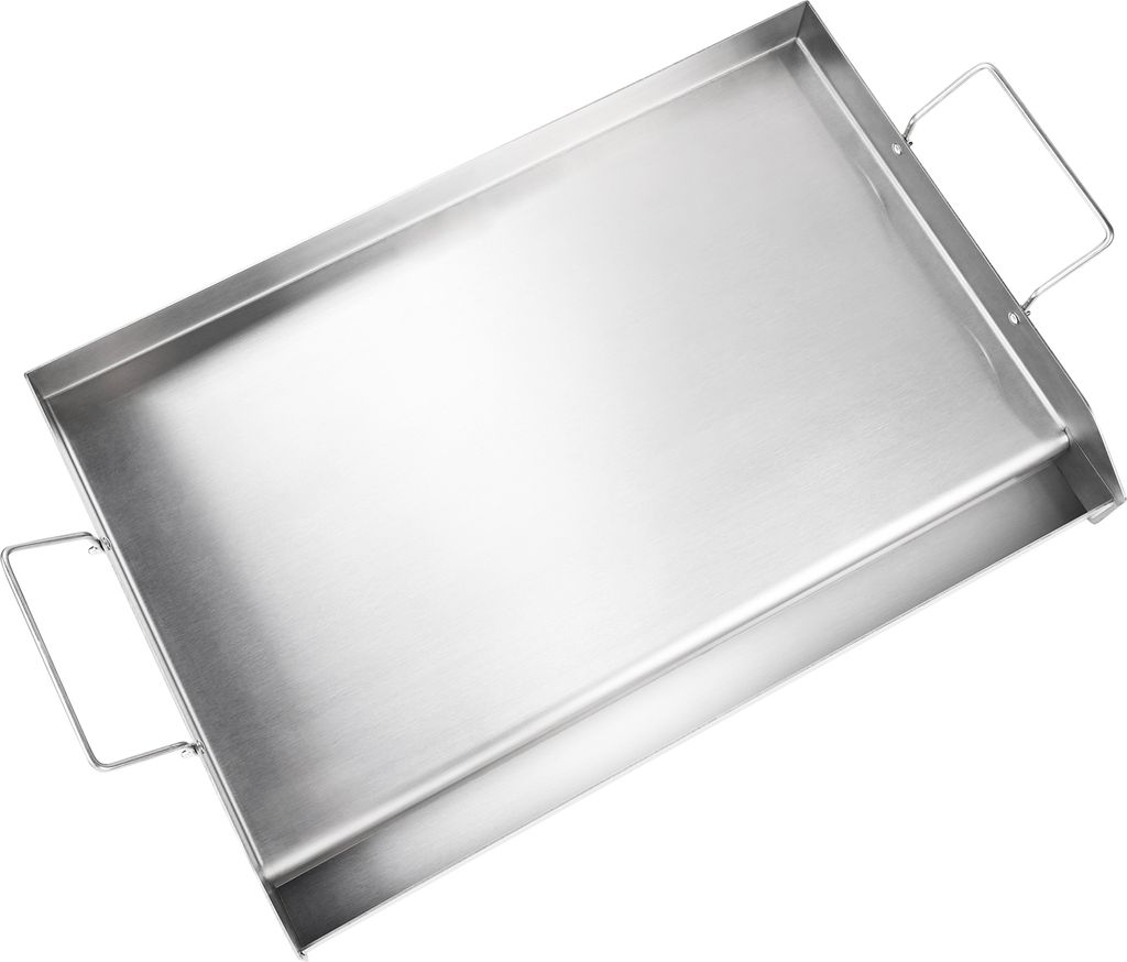 SucceBuy 23,5 x 16 Grillplatte für den Herd, vorgebrannter Edelstahl, Doppelbrennerpfanne mit Griffen und Ölrille für BBQ und Gasgrills, Silber