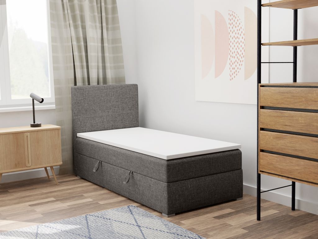 FEDVE Boxspringbett Einzelbett KOLORADO MINI mit Bettkästen Jugendbett mit Bonell-Matratze und Topper 90x200 Rechts